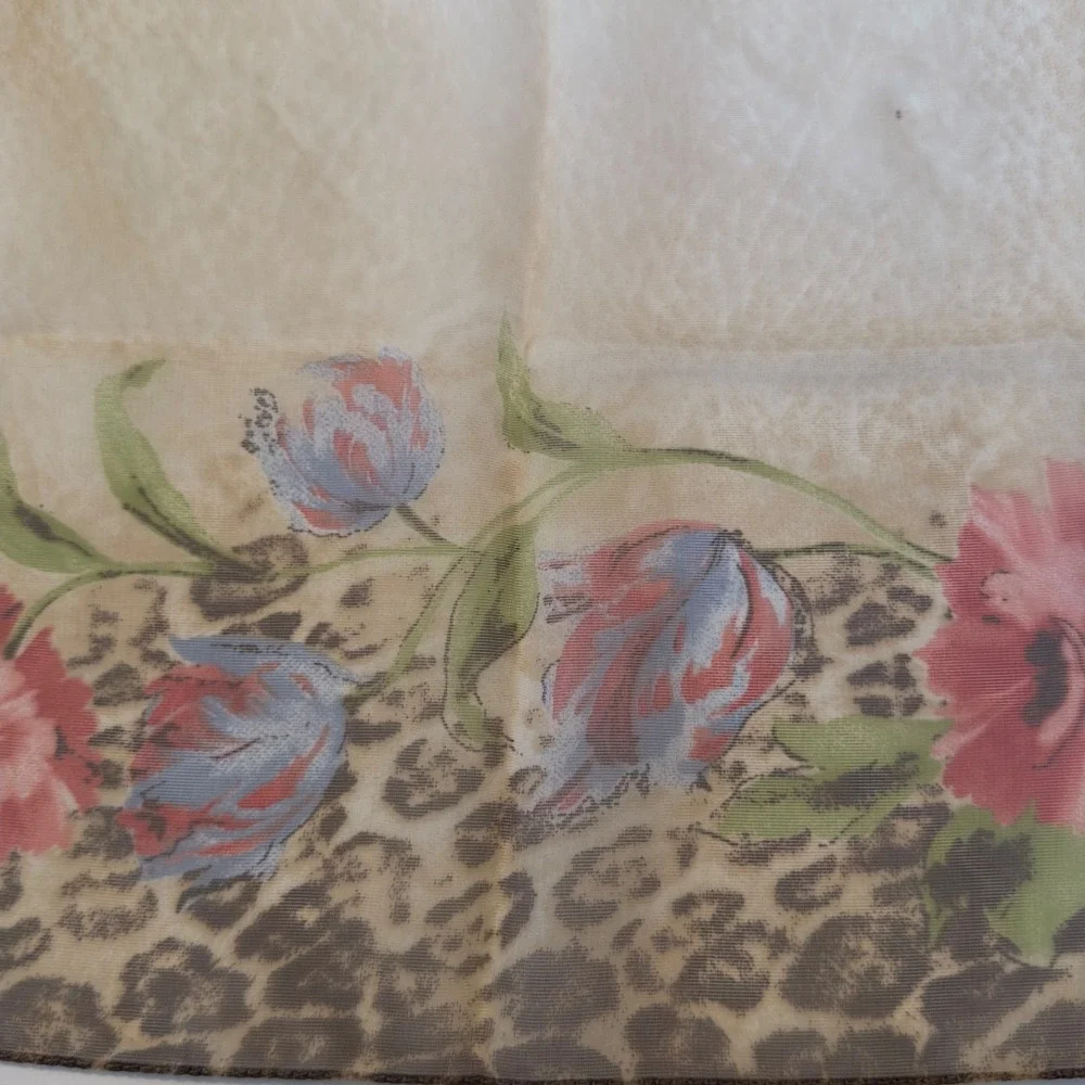 George Italy Square Scarf Leopard Floral Animal Print Cream Blue CottageCore